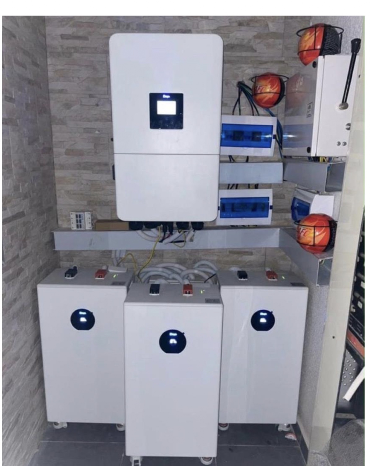 20 kW residential solar and battery installation with a hybrid inverter and three 16 kWh lithium batteries