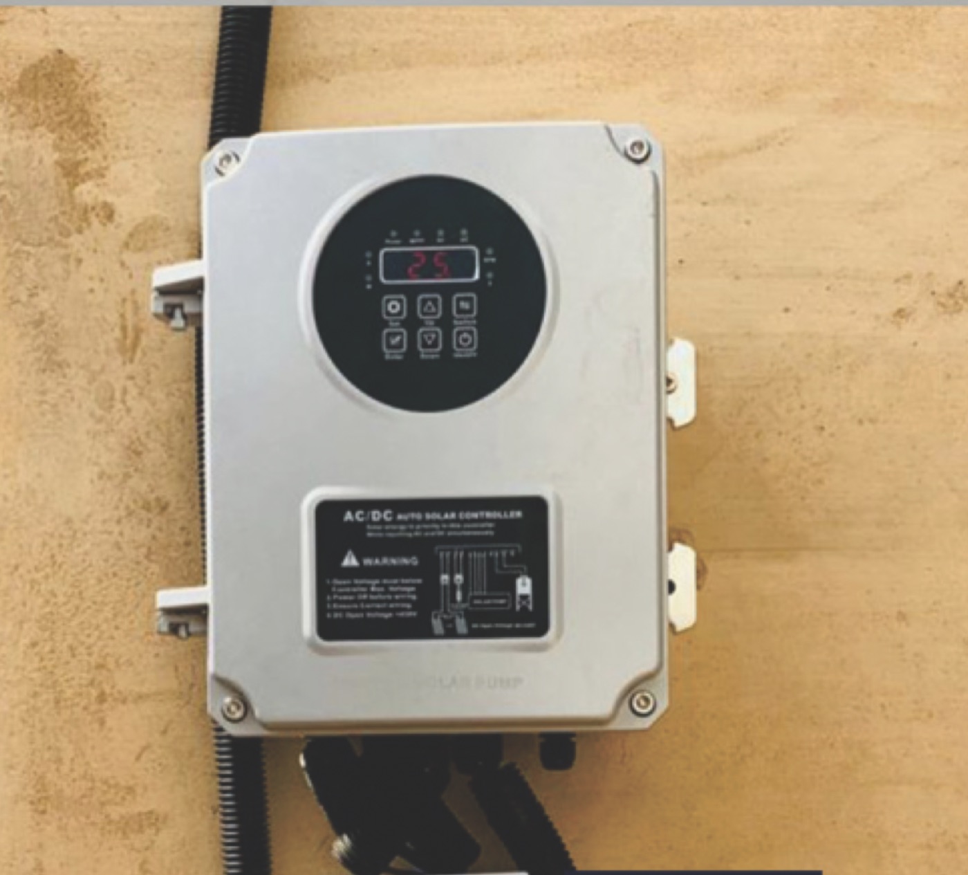AC/DC auto solar pump controller installed by Solar World Electric for a borehole system