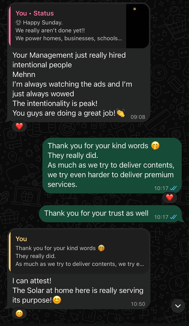 WhatsApp message praising Solar World Electric's service delivery and confirming the home solar system is performing
