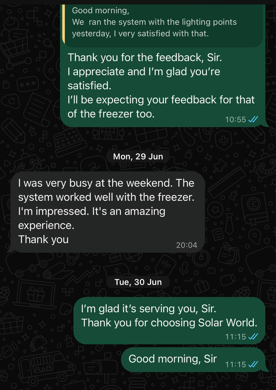 WhatsApp feedback from a customer whose solar system successfully ran a freezer and lighting circuits